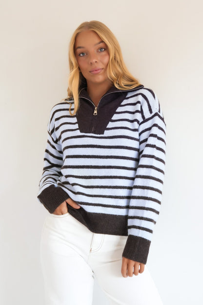Alden 1/4 Zip Knit Jumper Blue Stripe