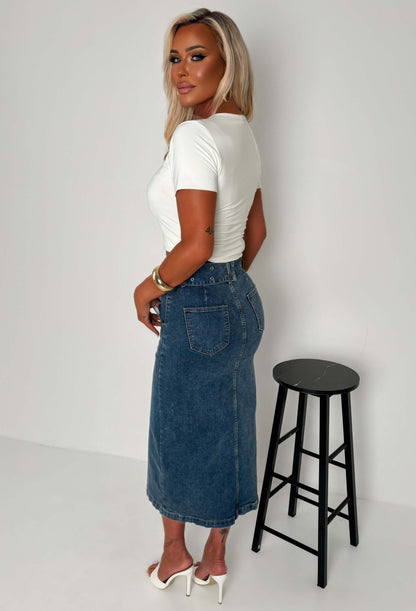 Ellie Mid Blue Stretch Denim Belted Midi Skirt