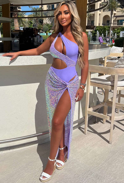 Bali Queen Lilac Full Sequin Knot Detail Maxi Skirt Cover Up