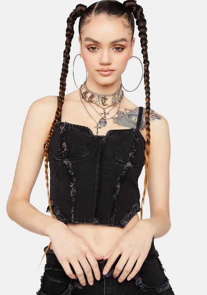 Angled Washed Denim Corset Top