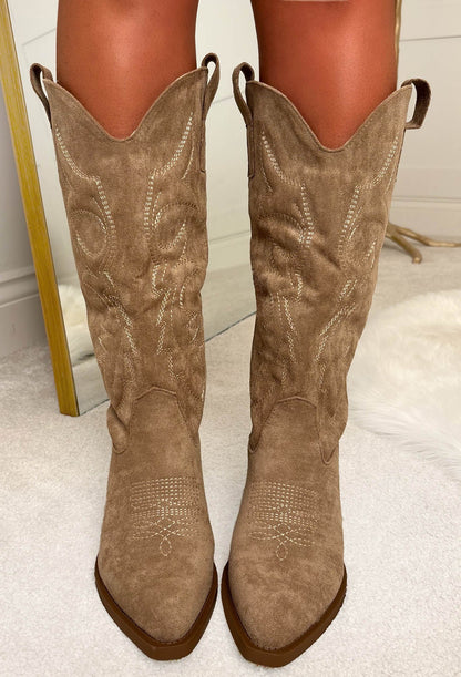 Cowboy Chic Taupe Embroidered Western Mid Calf Boots