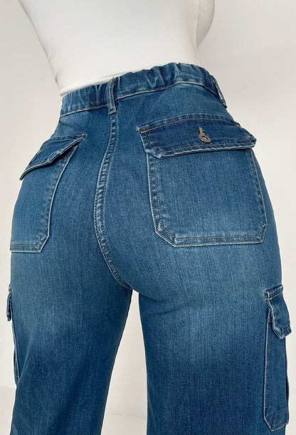 Denim Revolution Dark Wash Cargo Denim Wide Leg Jeans