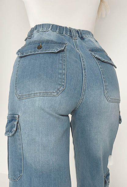 Denim Revolution Mid Blue Cargo Denim Wide Leg Stretch Jeans