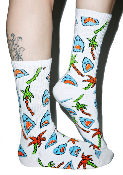 Anne Freeman Shark Attack Crew Socks - White